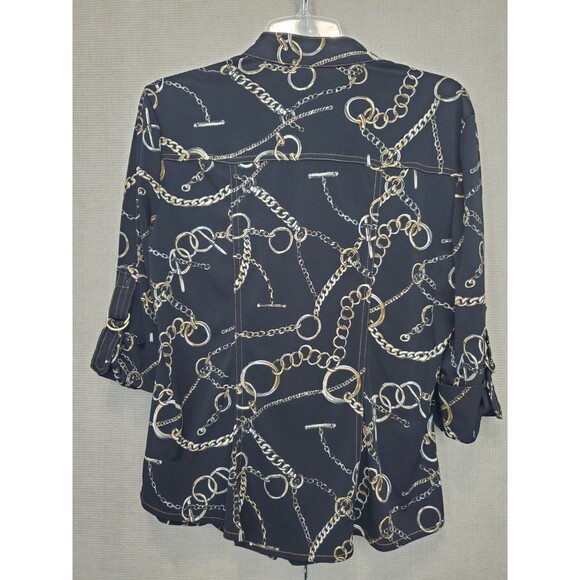 Cache Chain Print Epaulet Roll-Tab Sleeve Snap-Up Blouse Size Large 90s Y2K - Picture 7 of 10